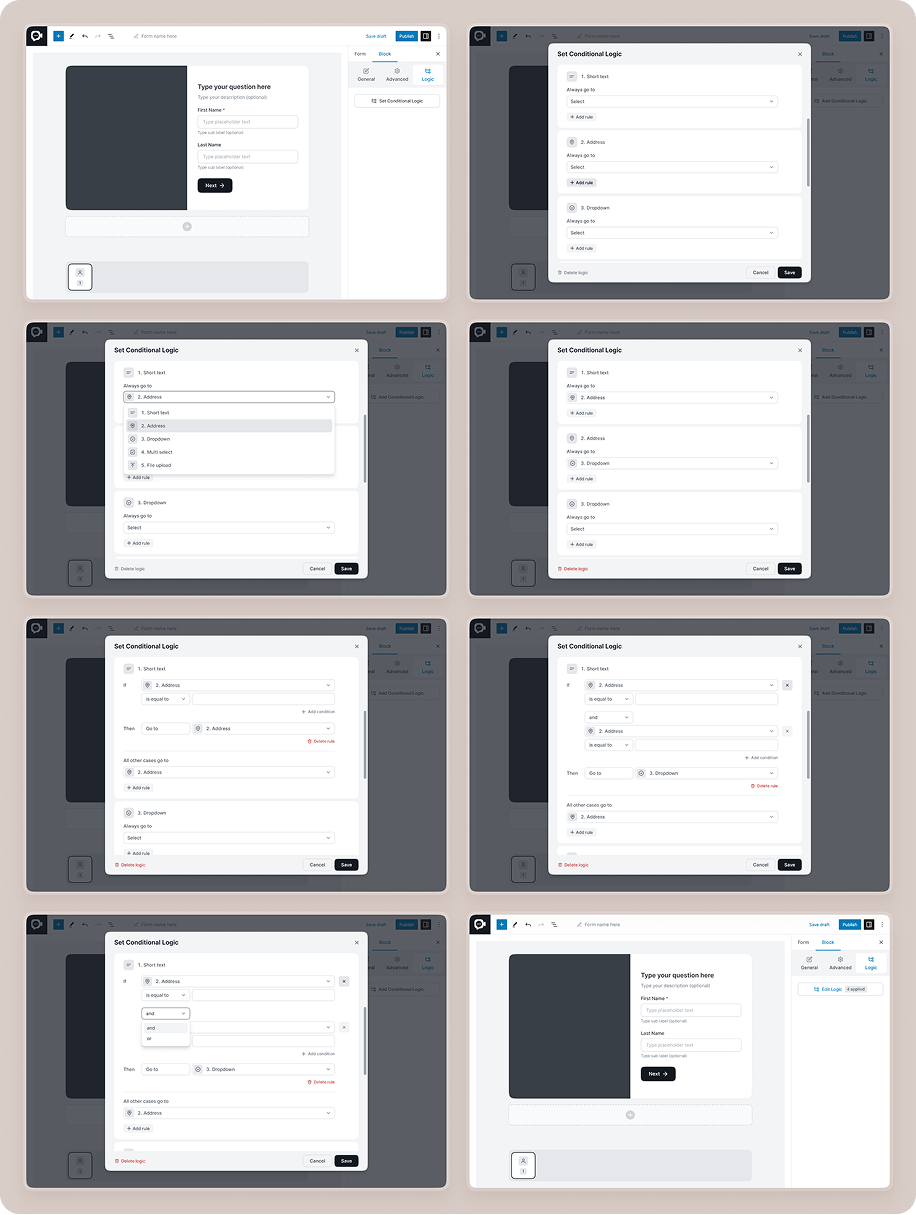 FormGent conditional logic builder and rule configuration screens